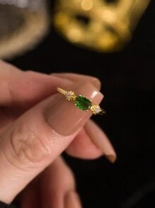 Flyleaf 1 Piece Vintage S925 Sterling Silver 18K Gold Color Green Artificial Peridot Open Ring For Women Lady Party Light Luxury Fine Jewelry - Gold - View 2