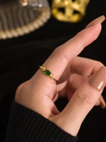 Flyleaf 1 Piece Vintage S925 Sterling Silver 18K Gold Color Green Artificial Peridot Open Ring For Women Lady Party Light Luxury Fine Jewelry - Gold - View 3