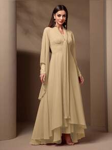 Women's Solid Color Ruffle Hem Elegant Long Sleeve Dress - Apricot - View 3