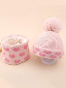 3-8 Years Girls Kids Winter Heart Pattern Knitted Hat & Scarf 2pcs Set, Warm Thermal Lined With Pompom - Heart Knitted Hat + Scarf - View 3