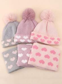 3-8 Years Girls Kids Winter Heart Pattern Knitted Hat & Scarf 2pcs Set, Warm Thermal Lined With Pompom - Heart Knitted Hat + Scarf - View 9