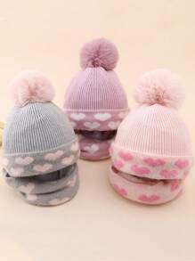 3-8 Years Girls Kids Winter Heart Pattern Knitted Hat & Scarf 2pcs Set, Warm Thermal Lined With Pompom - Heart Knitted Hat + Scarf - View 2