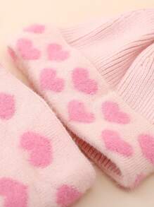 3-8 Years Girls Kids Winter Heart Pattern Knitted Hat & Scarf 2pcs Set, Warm Thermal Lined With Pompom - Heart Knitted Hat + Scarf - View 8