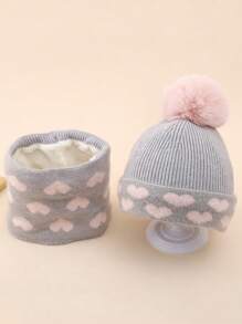 3-8 Years Girls Kids Winter Heart Pattern Knitted Hat & Scarf 2pcs Set, Warm Thermal Lined With Pompom - Heart Knitted Hat + Scarf - View 4