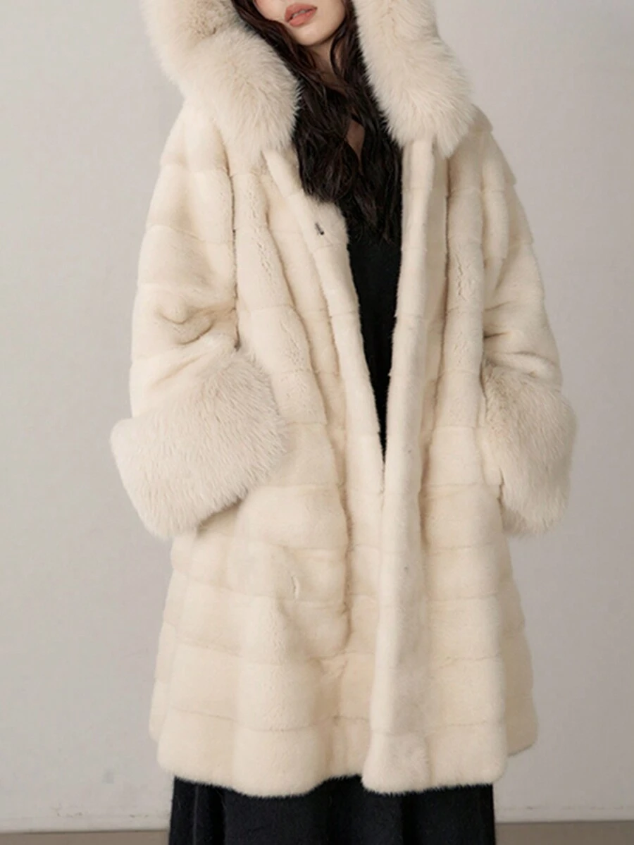 Áo khoác lông chồn trùm đầu màu trơn cho nữ - Màu be - Xem 1