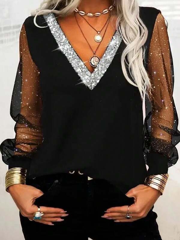 Plus Size Women V-Neck Mesh Long Sleeve Blouse