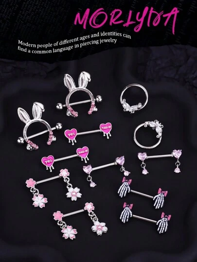 2 件/套 性感可爱乳头环 316L 不锈钢樱花蝴蝶心月亮、兔子、草莓、蛋白石乳头环 粉色 CZ 心形乳头钉球是主乳头首饰骨手乳头杠铃环紫色女巫乳头穿孔首饰 适合女性女孩和男性 适合约会派对万圣节日常佩戴情人节、妈妈、母亲、母亲节、礼物