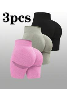 3pcs/Set High Waist Seamless Yoga Shorts, Summer Workout Running Cycling Shorts, Peach Hip Fitness Hot Pants, Versatile Sexy Shorts (Red, Black, Green) - Multicolor - View 1