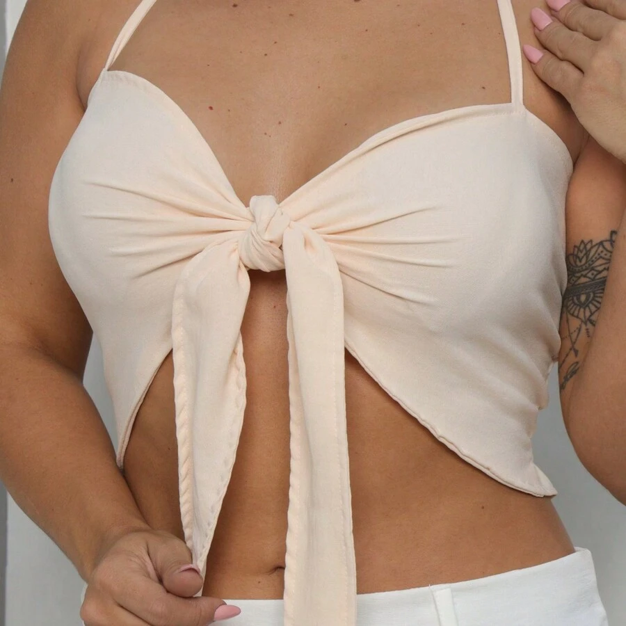 Cropped Top With Straps And Knot - 米色 - 查看 1