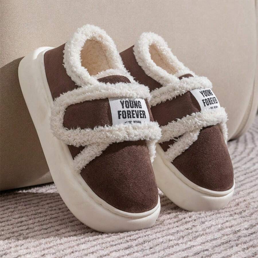 女士保暖内衬拖鞋，防滑毛绒内衬闭趾毛绒雪地家居拖鞋，2024秋冬新款 - 棕色 - 查看 1