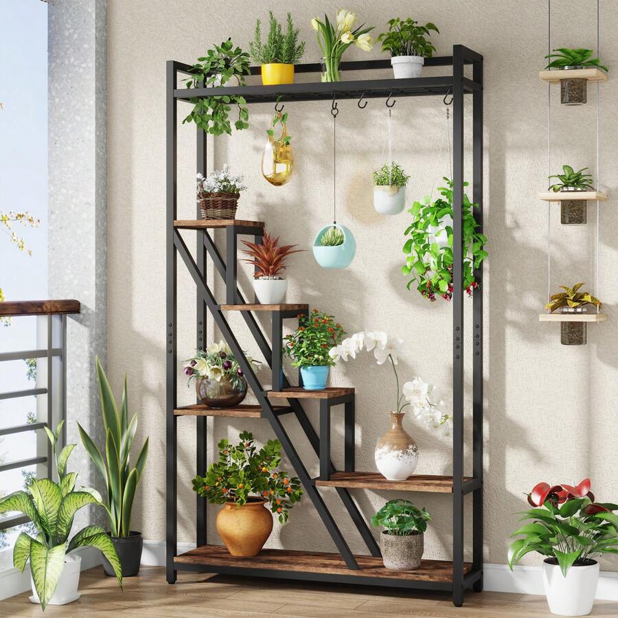 Tribesigns Support pour plantes d'intérieur à 7 niveaux,Grande étagère en métal de 180 cm avec 10 crochets de suspension en S, présentoir pour fleurs, pour intérieur, jardin, balcon, salon - Tabac - Voir 1