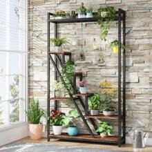 Tribesigns Support pour plantes d'intérieur à 7 niveaux,Grande étagère en métal de 180 cm avec 10 crochets de suspension en S, présentoir pour fleurs, pour intérieur, jardin, balcon, salon - Tabac - Voir 2
