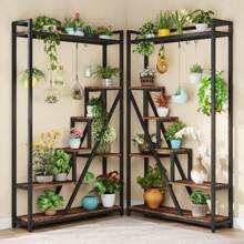 Tribesigns Support pour plantes d'intérieur à 7 niveaux,Grande étagère en métal de 180 cm avec 10 crochets de suspension en S, présentoir pour fleurs, pour intérieur, jardin, balcon, salon - Tabac - Voir 6