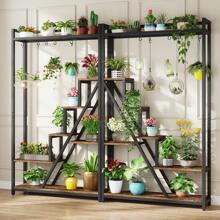 Tribesigns Support pour plantes d'intérieur à 7 niveaux,Grande étagère en métal de 180 cm avec 10 crochets de suspension en S, présentoir pour fleurs, pour intérieur, jardin, balcon, salon - Tabac - Voir 10