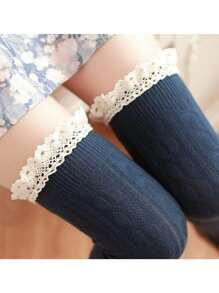 Women's Over The Knee Long Sock Thigh High Stockings With Cable Pattern & Opaque Lace - 藏蓝色 - 查看 3