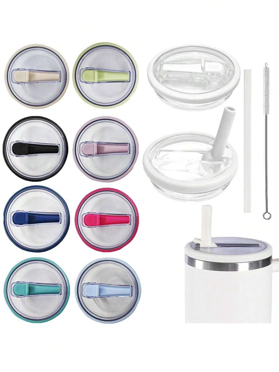40 盎司滚轮吸管盖替换玻璃盖，1 根吸管 + 清洁刷 + 防溢防漏玻璃盖，多种颜色适用于多种杯子，可重复使用 - 彩色 - 查看 1