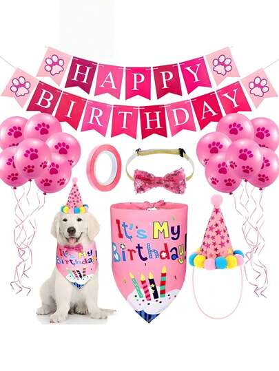 1set Pet Birthday Party Decorations, Including Banner, Hats, Paw Balloons, Bibs And Bow Ties, Suitable For Celebration