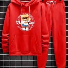 Children's Sweatshirt Set 2 To 16 Bear Print Jacket Long Sleeve Hooded Top And Pants Mid-Season Tracksuit - 紅色 - 查看 2