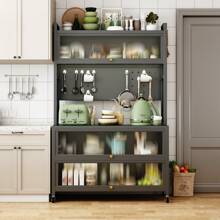 Kitchen Cabinet, Coffee Bar Station, Buffet Cabinet, Pantry Cabinet With Microwave Shelf 5 Tier Metal Sideboard Baker's Rack Coffee Bar Hutch Buffet Laundry Storage, With Wheels & Hooks - 黑色 - 查看 2