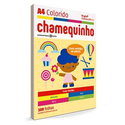 Papel Chamequinho 4 Cores Amarelo Azul Rosa Verde A4 210x297mm 75g Chamex Colorido com 100 folhas (25 cada cor)
