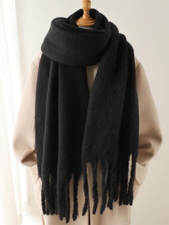 1 Pc Women Winter Scarf Horsehair Black Faux Cashmere Shawls And Wraps Thick Warm Lady's Fashion Solid Colors Tassel Pull Plush Scarves Outdoor Women Shawl Accessories Women