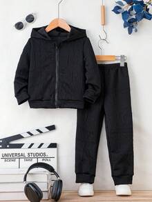 2 件套男童简约休闲拉链连帽衫和裤子套装，长袖 - 黑色 - 查看 1