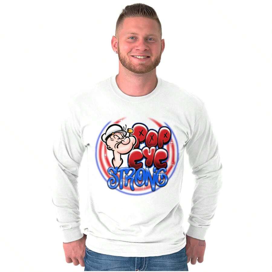 Popeye Airbrushed Cartoon  Strong Mens Long Sleeve Tee T Shirt - 白色 - 查看 1