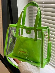 Fashion Transparent Waterproof Tote Bags For Women Letter Quilted Shoulder Crossbody Bags Daily Use Purse Beach Vacation Bags - 綠色 - 查看 1