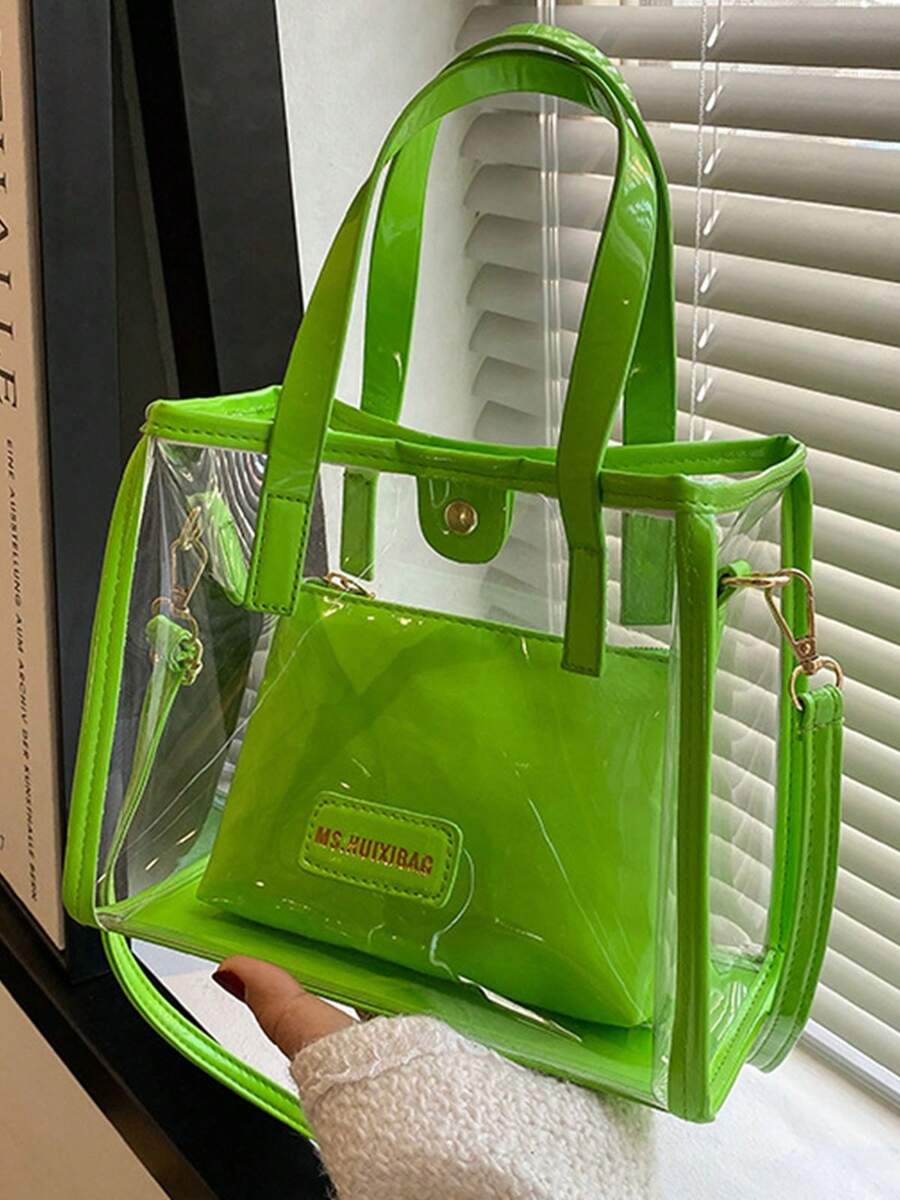 Fashion Transparent Waterproof Tote Bags For Women Letter Quilted Shoulder Crossbody Bags Daily Use Purse Beach Vacation Bags - 綠色 - 查看 1