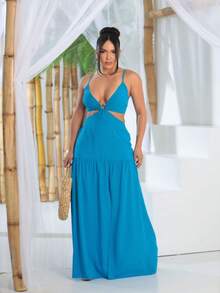Long Dress With Neckline And Hoop Detail And Tie At The Back - 藍色 - 查看 1