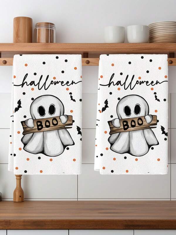 2pcs Halloween Kitchen Towels, Watercolor Polka Dot, Pumpkin, Black Cat, Pink & Black Geometric, Cartoon Ghost Halloween Dishcloth Kitchen Decoration Hand Towels