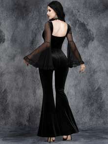 Women's Gothic Sexy Romantic Elegant Retro V-Neck Halloween Party Witch Sleeve Mesh Lace Velvet High Waisted Jumpsuit - Black - View 2