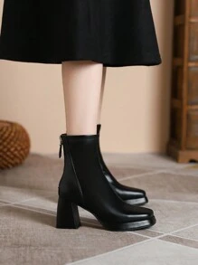 2025 秋冬新款女式简约高跟靴，8厘米防水台，防水台，复古风格，黑色，方头，后拉链，橡胶鞋底，优雅的PU材质 - 黑色 - 查看 3
