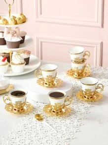 4pcs/12pcs Electroplated Porcelain Aroma Coffee Cup & Saucer Sets, European Style Gold Rimmed, 2 Cups 2 Saucers/6 Cups 6 Saucers Coffee Cup Gift Set (4pcs/12pcs Include Saucers) Back To School