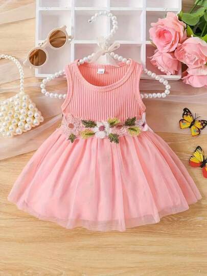Baby Girls' Summer Flower Decor Mesh Contrast Elegant Cute Sleeveless Dress