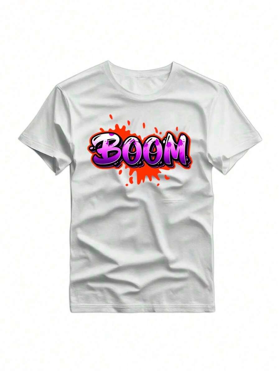 Men's Short Sleeve Cotton T-Shirt With Creative 'BOM' Print, Casual Round Neck, Versatile And Comfortable, Spring And Summer Collection - trắng - Xem 1