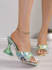 Women's Fashion Painted High Heel Sandals, Party Open Toe Slip-On Outdoor Wearing Green High Heel Sandals - Olive Green - View 4