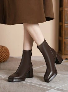 2024 Fall/Winter Women's High Heel Simple Versatile 8cm Platform Waterproof Vintage Style Brown Short Boots, Square Toe, Back Zipper, Rubber Outsole, PU