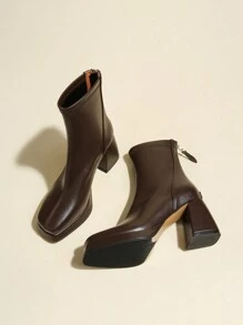 2024 Fall/Winter Women's High Heel Simple Versatile 8cm Platform Waterproof Vintage Style Brown Short Boots, Square Toe, Back Zipper, Rubber Outsole, PU