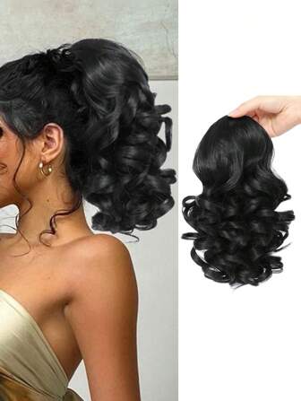 马尾辫接发，10 英寸抽绳马尾辫，波浪卷曲短马尾辫接发，自然波浪马尾辫假发合成假发，适合女士