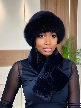 Set Of Warm Multi-Functional Mongolian Hat, Bucket Hat, Soft Hat, Comes With Matching Fluffy Neck Warmer, Fashionable In Europe And The US