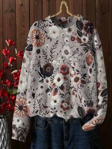 Maglione da donna casual con motivo floreale, collo a giro, maniche lunghe, con fodera termica, per l'autunno e l'inverno