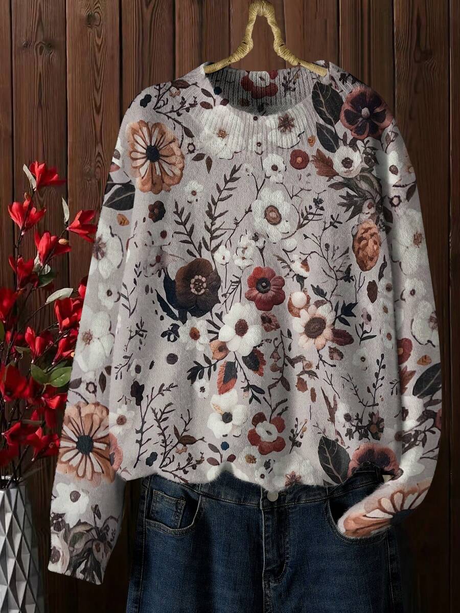 Maglione da donna casual con motivo floreale, collo a giro, maniche lunghe, con fodera termica, per l'autunno e l'inverno