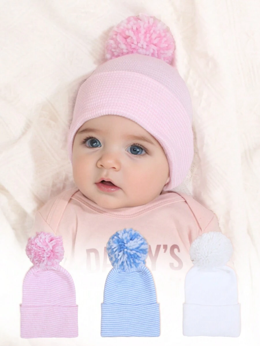 1 件装婴儿 0-3 个月针织无檐便帽，带毛绒绒球，温暖柔软，秋冬季新生儿户外日常休闲帽 - 1PC - 查看 1