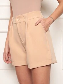 Women's Shorts Short Design Wide Legs High Waist Hidden Zipper Button Closure - Tailored Fabric Side Pockets - Màu be - Xem 4