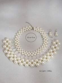 1入時尚優雅的編織珍珠項鍊和1對珍珠耳環組合女士珠寶套裝 - 白色 - 查看 2