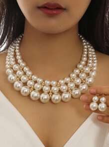 1入時尚優雅的編織珍珠項鍊和1對珍珠耳環組合女士珠寶套裝 - 白色 - 查看 10