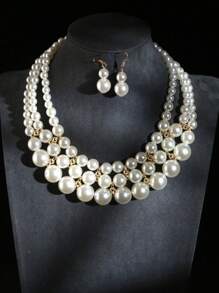 1入時尚優雅的編織珍珠項鍊和1對珍珠耳環組合女士珠寶套裝 - 白色 - 查看 5