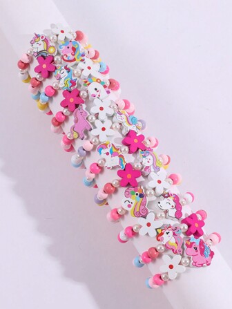 12pcs/Set Kids Assorted Cute Wooden Beaded Unicorn & Mermaid Charm Bracelet Set