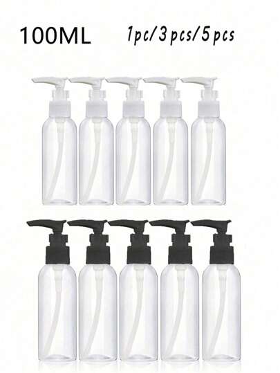 1PC/3cs/5Pcs 3.4oz 透明圆形肩瓶，泵瓶分配器，乳液泵分配瓶旅行容器塑料空可再填充化妆品泵瓶，旅行容器小型防漏挤压瓶，用于洗漱用品、洗发水、乳液、护发素、旅行装化妆品、居家旅行、旅行化妆品分配瓶黑白 100ml，便携式配件收纳